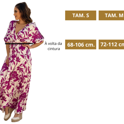 Vestido longo floral rosa e lilás com medidas de cintura em tamanhos S e M