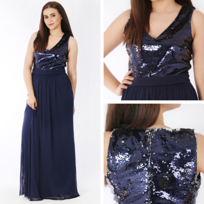 Vestido longo azul escuro com corpete de lantejoulas