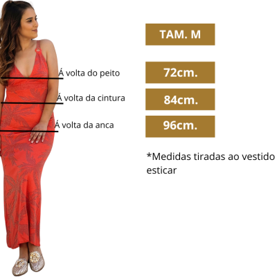 Vestido longo vermelho com padrão de folhas e medidas TAM. M