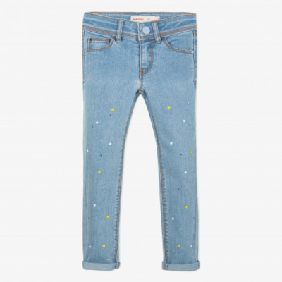 Calças de ganga azuis claras para criança com pontos decorativos amarelos e brancos