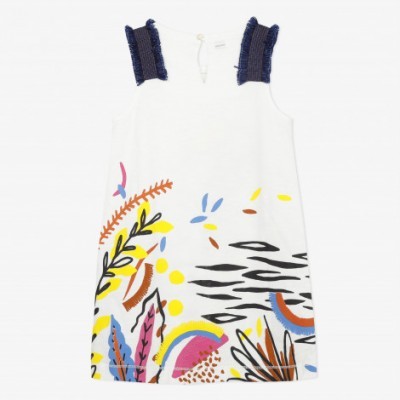 Vestido branco com padrão colorido e alças azuis