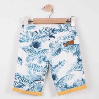 Calções criança com padrão folhagem azul e branca e bainha amarela