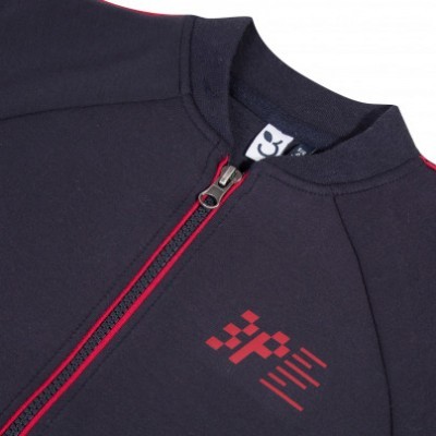 Casaco desportivo azul escuro com fecho de correr vermelho e estampagem vermelha
