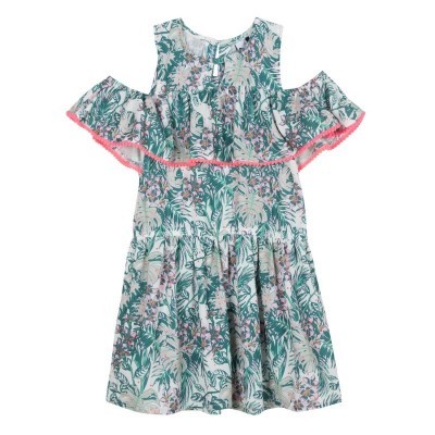 Vestido floral infantil com mangas abertas e renda cor de rosa
