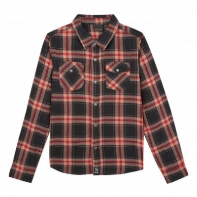 Camisa xadrez de manga longa em vermelho, preto e branco com bolsos frontais