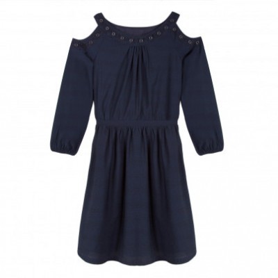 Vestido azul escuro de mangas compridas com ombros cortados e detalhes de ilhóses