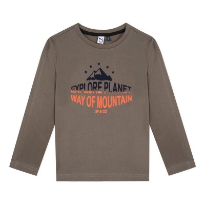 Camisola castanha de manga comprida com estampa de montanha e texto