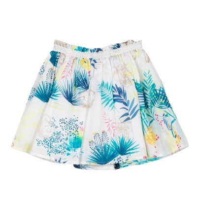 Saia branca com padrão colorido de folhas e cós elástico