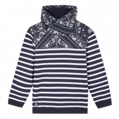 Sweatshirt azul-marinho e branco com padrões às riscas e paisley.