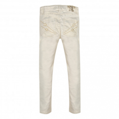 Calças creme claro com detalhes dourados na parte traseira