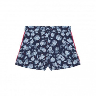 Calções de banho azuis escuros com padrão floral branco e azul