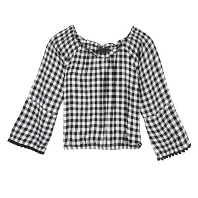 Blusa feminina manga longa xadrez preto e branco com detalhes ondulados