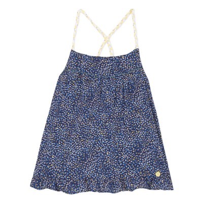 Vestido azul escuro com padrão de folhas e alças cruzadas