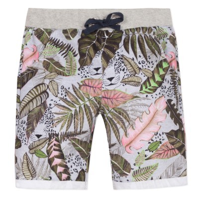 Calções de tecido cinza com padrão tropical e cordão azul