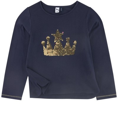 Camisola infantil azul escura com coroa dourada de lantejoulas