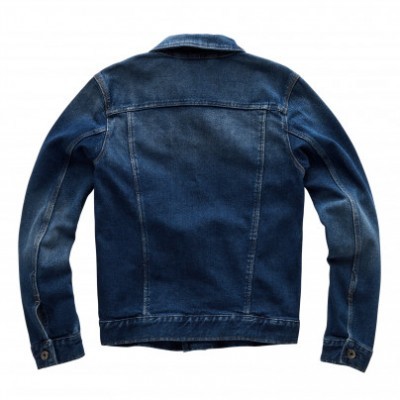 casaco de ganga azul de costas