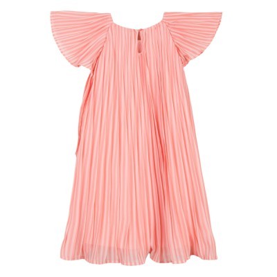 Vestido plissado rosa claro com mangas largas e decote em gota