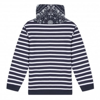 Camisola riscas brancas e azuis com capuz padrão bandana