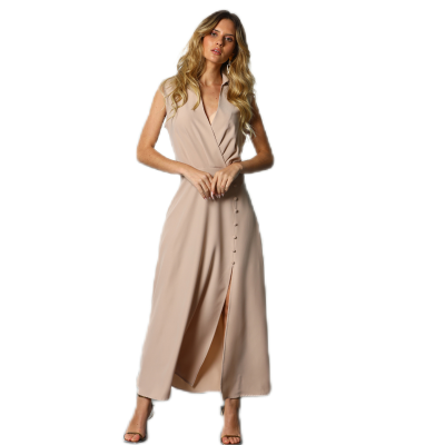 Vestido longo bege com botões e fenda frontal
