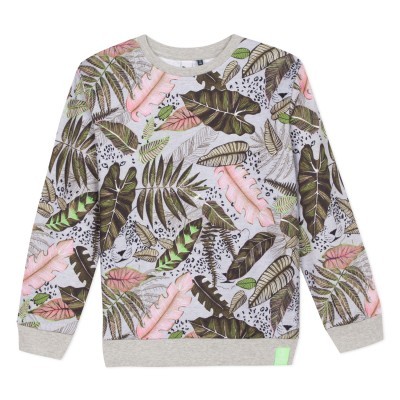 Sweatshirt cinzenta com padrão de folhas tropicais coloridas