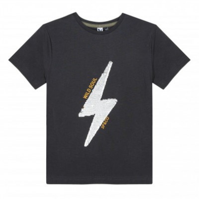 T-shirt preta com estampa de raio branco e texto amarelo WILD SOUL e ORIGINAL.