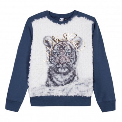 Camisola azul com painel branco peludo e tigre cinzento com texto dourado