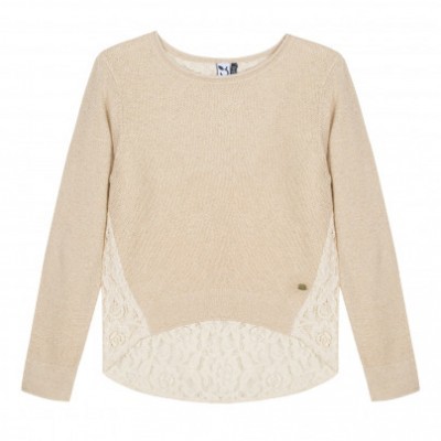 Camisola bege de manga comprida com detalhes em renda