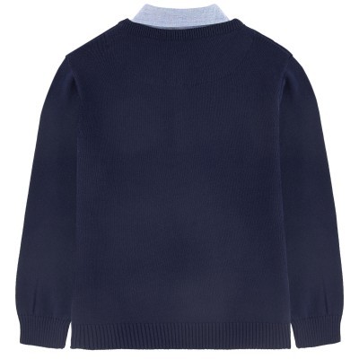 Camisola azul escura de malha com gola cinzento claro vista de trás