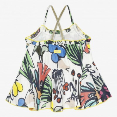 Top de criança colorido com padrão floral e alças cruzadas.