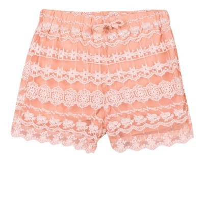Short cor de pêssego com renda branca e laço no cós