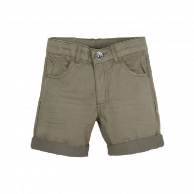 Calções de criança verdes cáqui com bainha dobrada e botão metálico