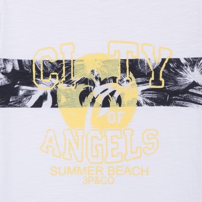 T-shirt branca com estampa 'CITY OF ANGELS SUMMER BEACH 3P&CO' e faixa floral preta e branca