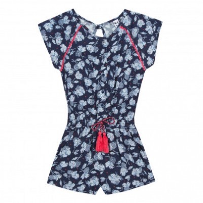 Macaquinho azul escuro com folhas brancas e detalhes vermelhos