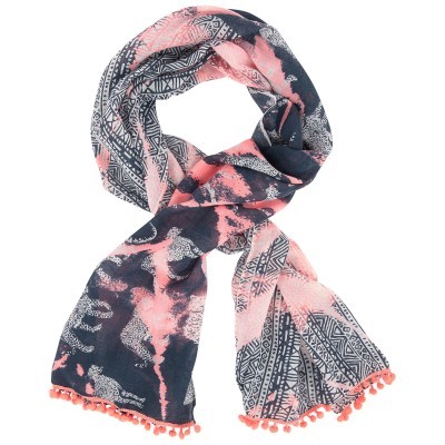 Lenço azul escuro e rosa com padrão abstracto e franjas pompom rosa