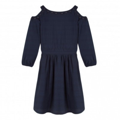 Vestido feminino azul escuro com mangas compridas e ombros recortados.