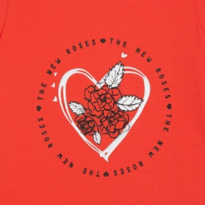 Tecido laranja com coração, rosas e texto THE NEW ROSES em círculo.