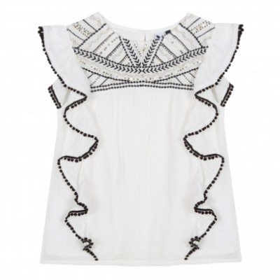 Camisola branca com bordados pretos e folhos laterais