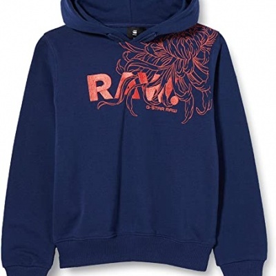 Camisola de capuz azul escura com estampa vermelha de flores e letras RAW