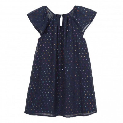 vestido infantil azul escuro com pontos coloridos e manga curta