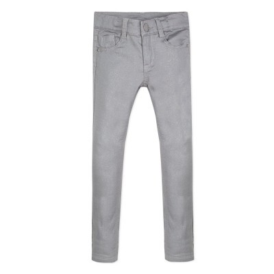 Calças de criança cinzentas de tecido liso com bolsos e botão