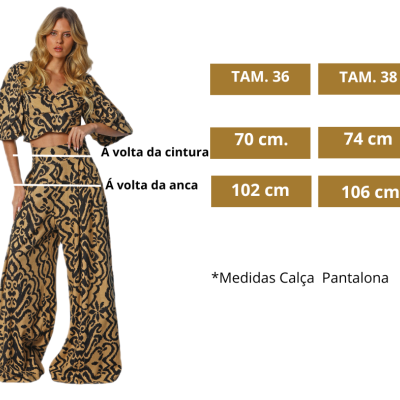 Conjunto calça pantalona e blusa cropped padrão geométrico preto e bege com medidas para tamanhos 36 e 38