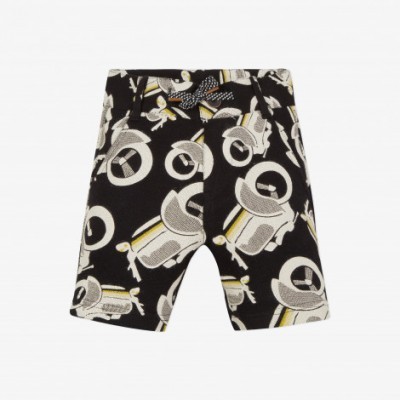 calções pretos com padrão de motos em branco e amarelo