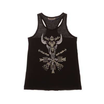 Camiseta preta regata com estampa de crânio de touro e elementos geométricos