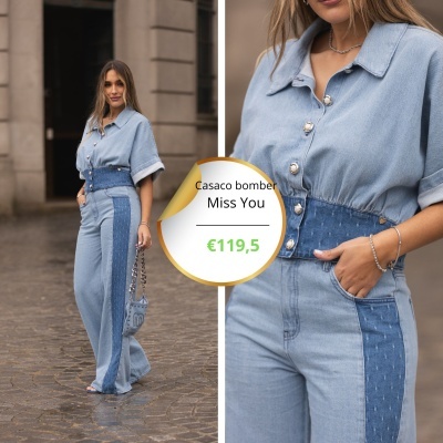 Casaco bomber Miss You em ganga azul claro com botões prateados e detalhes em ganga azul escuro