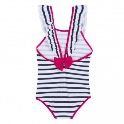 Fato de banho infantil listrado azul e branco com detalhes rosa e laço frontal