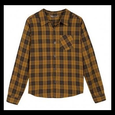 Camisa xadrez castanha e preta de manga comprida com bolso frontal