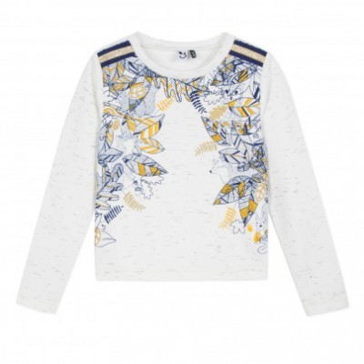 Camisola branca de manga comprida com padrão floral abstrato colorido