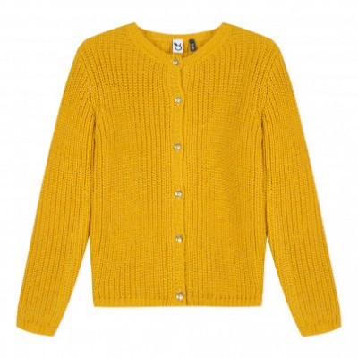 Casaco feminino amarelo de malha com botões prateados