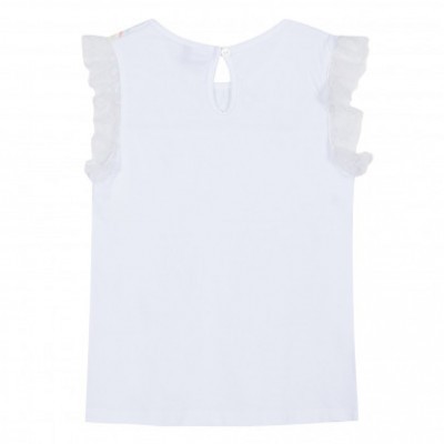 T-shirt branca infantil com mangas de renda e botão na parte de trás