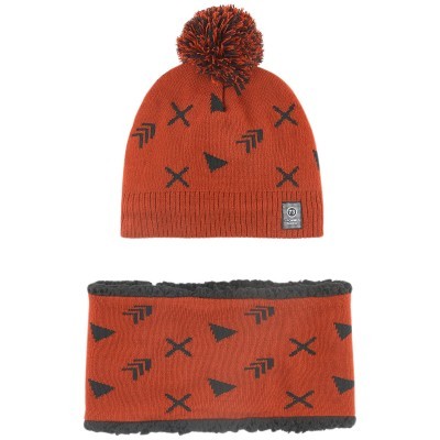 Gorro laranja com pompom e cachecol tubular laranja com padrão preto e forro preto
